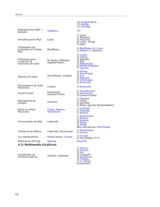 Anexo:


                                                  10) SimpleCDR-X.
                                                  11) RatRip.
                                                  12) AutoRip.
  Reporductores Midi +    VanBasco                ???
  karaoke
                                                  1)   Lame.
                                                  2)   Bladeenc.
  Decodificadores Mp3     Lame                    3)   NotLame.
                                                  4)   L3enc. [Prop]
                                                  5)   gogo.
  Trabajando con                                  1) RealPlayer for Linux.
  protocolos en Tiempo    RealPlayer              2) Mplayer + librerías.
  Real
                                                  1)   xradio.
                                                  2)   cRadio.
  Programas para          VC Radio, FMRadio,      3)   Xmradio.
  recepción de                                    4)   RDJ.
  estaciones de radio     Digband Radio           5)   RadioActive.
                                                  6)   XMMS-FMRadio.
                                                  7)   Gqradio.
                                                  1)   Sweep.
                                                  2)   WaveForge.
  Editores de Audio       SoundForge, Cooledit,   3)   Sox.
                          ...                     4)   Audacity.
                                                  5)   GNUSound.
                                                  6)   Ecasound.
  Procesadores de Audio   Cubase                  1) Ecasound.
  Multitrack
                          Fasttracker,            1) Soundtracker.
  Sound tracker                                   2) Insotracker.
                          ImpulseTracker          3) CheeseTracker.
                                                  1) Opmixer.
  Mezcladores de          sndvol32                2) aumix.
  Sonidos                                         3) mix2000.
                                                  4) Mixer_app (for WindowMaker)
  Editor de Notas         Finale, Sibelius,       1) LilyPond.
  Musicales               SmartScore              2) Noteedit.
                                                  3) MuX2d.
                                                  1) RoseGarden.
                                                  2) Brahms.
  Secuenciador de Midi    Cakewalk                3) Anthem.
                                                  4) Melys.
                                                  5) MuSE.
                                                  Más información: Midi-Howto.
  Creadores de Música     Cakewalk, FruityLoops   1) RoseGarden.
                                                  2) Ardour.
  Los sintetizadores      Virtual waves, Csound   1) Csound.
                                                  2) Arts Builder (???).
  Editores de ID3-Tag     Mp3tag                  EasyTAG.
  4.2) Multimedia (Gráficos).
                                                  1)   Xnview.
                                                  2)   GQview.
                                                  3)   Qiv.
  Visualizador de                                 4)   CompuPic.
  Archivos Gráficos       ACDSee, IrfanView       5)   Kuickshow.
                                                  6)   GTKSee.
                                                  7)   xv. [Prop]
                                                  8)   pornview.




128
 