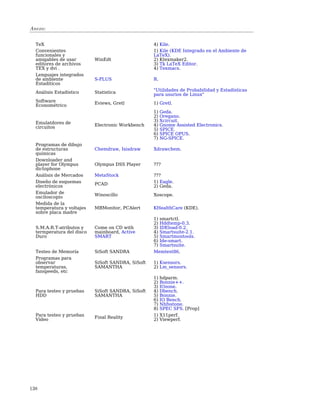 Anexo:


  TeX                                              4) Kile.
  Convenientes                                     1) Kile (KDE Integrado en el Ambiente de
  funcionales y                                    LaTeX).
  amigables de usar        WinEdt                  2) Ktexmaker2.
  editores de archivos                             3) Tk LaTeX Editor.
  TEX y dvi .                                      4) Texmacs.
  Lenguajes integrados
  de ambiente              S-PLUS                  R.
  Estaditícos
  Análisis Estadístico     Statistica              "Utilidades de Probabilidad y Estadísticas
                                                   para usurios de Linux"
  Software
  Econométrico             Eviews, Gretl           1) Gretl.
                                                   1)   Geda.
                                                   2)   Oregano.
                                                   3)   Xcircuit.
  Emulatdores de           Electronic Workbench    4)   Gnome Assisted Electronics.
  circuitos                                        5)   SPICE.
                                                   6)   SPICE OPUS.
                                                   7)   NG-SPICE.
  Programas de dibujo
  de estructuras           Chemdraw, Isisdraw      Xdrawchem.
  químicas
  Downloader and
  player for Olympus       Olympus DSS Player      ???
  dictophone
  Análisis de Mercados     MetaStock               ???
  Diseño de esquemas                               1) Eagle.
  electrónicos             PCAD                    2) Geda.
  Emulador de              Winoscillo              Xoscope.
  osciloscopio
  Medida de la
  temperatura y voltajes   MBMonitor, PCAlert      KHealthCare (KDE).
  sobre placa madre
                                                   1) smartctl.
                                                   2) Hddtemp-0.3.
  S.M.A.R.T-atributos y    Come on CD with         3) IDEload-0.2.
  termperatura del disco   mainboard, Active       4) Smartsuite-2.1.
  Duro                     SMART                   5) Smartmontools.
                                                   6) Ide-smart.
                                                   7) Smartsuite.
  Testeo de Memoría        SiSoft SANDRA           Memtest86.
  Programas para
  observar                 SiSoft SANDRA, SiSoft   1) Ksensors.
  temperaturas,            SAMANTHA                2) Lm_sensors.
  fanspeeds, etc
                                                   1)   hdparm.
                                                   2)   Bonnie++.
                                                   3)   IOzone.
  Para testeo y pruebas    SiSoft SANDRA, SiSoft   4)   Dbench.
  HDD                      SAMANTHA                5)   Bonnie.
                                                   6)   IO Bench.
                                                   7)   Nhfsstone.
                                                   8)   SPEC SFS. [Prop]
  Para testeo y pruebas                            1)   X11perf.
  Video                    Final Reality           2)   Viewperf.




138
 
