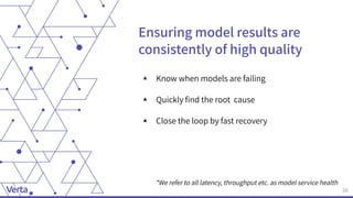 ▴ Know when models are failing
▴ Quickly ﬁnd the root cause
▴ Close the loop by fast recovery
10
Ensuring model results are
consistently of high quality
*We refer to all latency, throughput etc. as model service health
 