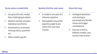 ▴ w/o ground truth, model
fails challenging to detect
▴ Need to monitor complex
statistical summaries
▴ Distributions, anomalies,
missing values, quantiles
etc.
▴ Often model-speciﬁc
▴ Intelligent detection
and alerting to
pre-emptively identify
issues and trigger
remediations
▴ Execute re-trains,
fallback models, and
human intervention.
11
Know when a model fails Close the loop
▴ A model is one part of a
inference pipeline
▴ Need global view of the
pipeline jungle to see
where the root issue
may be
Quickly ﬁnd the root cause
 
