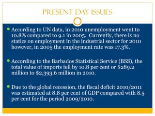 Present Day Issues
According to UN data, in 2010 unemployment went to
10.8% compared to 9.1 in 2005. Currently, there is no
statics on employment in the industrial sector for 2010
however, in 2005 the employment rate was 17.3%.
According to the Barbados Statistical Service (BSS), the
total value of imports fell by 10.8 per cent or $289.2
million to $2,393.6 million in 2010.
Due to the global recession, the fiscal deficit 2010/2011
was estimated at 8.8 per cent of GDP compared with 8.5
per cent for the period 2009/2010.
 