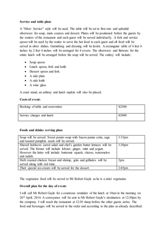 Service and table plan:
A “Silver Service” style will be used. The table will be set in first-rate and splendid
silverware for soup, main courses and dessert. Plates will be positioned before the guests by
the waiters of the restaurant and each guest will be served individually. A fork and service
spoon will be used by the waiter to serve the hot food to each guest and all food will be
served in silver dishes. Garnishing and dressing will be lavish. A rectangular table of 4 feet 6
inches by 2 feet 6 inches will be arranged for 4 covers. The silverware and flatware for the
entire lunch will be arranged before the soup will be served. The cutlery will include:
 Soup spoon
 Lunch spoon, fork and knife
 Dessert spoon and fork
 A side plate
 A side knife
 A wine glass
A cruet stand, an ashtray and lunch napkin will also be placed.
Costs of event:
Booking of table and reservation $2500
Service charges and lunch $2000
Foods and drinks serving plan:
Soup will be served. Sweet potato soup with bacon panna cotta, sage
and toasted pumpkin seeds will be served.
1:15pm
Shaved heirloom carrot salad and chef’s garden butter lettuces will be
served. The former will include lobster, ginger, mint and yogurt.
However the latter will include butternut squash, cheese, watermelon
and radish.
1:30pm
Herb roasted chicken breast and shrimp, grits and grillades will be
served along with red wine.
2pm
Their special ice-cream will be served for the dessert 2:45pm
`
The vegetarian food will be served to Mr Robert Gayle as he is a strict vegetarian.
Overall plan for the day of event:
I will call Mr Robert Gayle for a courteous reminder of the lunch at 10am in the morning on
26th April, 2014. A conveyance will be sent to Mr Robert Gayle’s destination at 12:30pm by
the company. I will reach the restaurant at 12:30 sharp before the other guests arrive. The
food and beverages will be served in the order and according to the plan as already described.
 