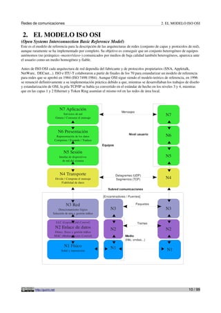 Redes de comunicaciones                                                                         2. EL MODELO ISO OSI


 2. EL MODELO ISO OSI
(Open Systems Interconnection Basic Reference Model)
Este es el modelo de referencia para la descripción de las arquitecturas de redes (conjunto de capas y protocolos de red),
aunque raramente se ha implementado por completo. Su objetivo es conseguir que un conjunto heterogéneo de equipos
autónomos (no jerárquico -master/slave-) comunicados por medios de baja calidad también heterogéneos, aparezca ante
el usuario como un medio homogéneo y fiable.

Antes de ISO OSI cada arquitectura de red dependía del fabricante y de protocolos propietarios (SNA, Appletalk,
NetWare, DECnet...). ISO e ITU-T colaboraron a partir de finales de los 70 para estandarizar un modelo de referencia
para redes que se aprobó en 1984 (ISO 7498:1984). Aunque OSI sigue siendo el modelo teórico de referencia, en 1996
se renunció definitivamente a su implementación práctica debido a que, mientras se desarrollaban los trabajos de diseño
y estandarización de OSI, la pila TCP/IP se había ya convertido en el estándar de hecho en los niveles 3 y 4, mientras
que en las capas 1 y 2 Ethernet y Token Ring asumían el mismo rol en las redes de área local.



                               N7 Aplicación
                                                                          Mensajes
                                  Servicios de red                                                N7
                            Genera / Consume el mensaje



                              N6 Presentación
                                                                               Nivel usuario      N6
                         Representación de los datos
                        Comprime / Expande / Traduce
                                                             Equipos

                                  N5 Sesión
                               Interfaz de dispositivos                                           N5
                                  de red del sistema



                               N4 Transporte                           Datagramas (UDP)
                            Divide / Compone el mensaje                Segmentos (TCP)            N4
                                 Fiabilidad de datos

                                                                Subred comunicaciones

                                                             [Encaminadores / Puentes]

                                    N3 Red                                           Paquetes
                            Direccionamiento lógico               N3                              N3
                       Selección de ruta y gestión tráfico


                            LLC (Logical Link Control)                                Tramas
                            N2 Enlace de datos                    N2                              N2
                        Direcc. físico y gestión tráfico
                        MAC (Medium Access Control)                          Medio
                                                                             (Hilo, ondas...)

                                   N1 Físico                      N1
                                Señal y transmisión                                                N1




         http://guimi.net                                                                                         10 / 99
 