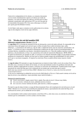 Redes de comunicaciones                                                                         2. EL MODELO ISO OSI




Cada nivel es independiente de los demás y se comunica únicamente
con los niveles inmediatamente superior y/o inferior por medio de
interfaces. Así cada nivel aporta una cabecera, de forma que los datos
realmente comunicados entre aplicaciones (N7) son solo una parte de
los transmitidos físicamente (N1). Esto causa sobrecarga (overhead)
pero aporta gran flexibilidad al sistema.

A nivel lógico cada capa se comunica con las aplicaciones de su misma
capa en otra máquina a través de las capas inferiores.




2.1.     Niveles de red del modelo OSI
Subred de comunicaciones (Niveles 1, 2 y 3)
La capa física (N1) se encarga de transmitir los bits de información a través del medio utilizado. Es responsable de las
conexiones físicas del equipo con la red en lo que se refiere al medio físico (cable de distintos tipos, radio,
infrarrojos...), características del medio (p.e. tipo de cable o calidad del mismo; tipo de conectores normalizados o de
antena...) y la forma en la que se transmite la información (codificación de señal, niveles de tensión/intensidad de
corriente eléctrica, modulación, tasa binaria, velocidad de transmisión, etc.). Para ello establece interfaces mecánicas,
eléctricas y de procedimiento, en base a las características del medio de transmisión (Manchester, 4B/5B, DSSS...).
El medio de transmisión, por ejemplo un cable, se convierte en un almacén intermedio (buffer) lo que produce bastantes
problemas de comunicación. Además esto hace que los ficheros grandes tengan más probabilidades de sufrir errores,
por lo que se seccionan en paquetes. Al mejorar las conexiones físicas se puede utilizar tramas mayores (Jumbo
frames).

La capa de enlace (N2) pretende ser capaz de proporcionar un tránsito de datos fiable a través de un enlace físico. Para
ello debe crear y reconocer los límites de las tramas, así como opcionalmente resolver los problemas derivados del
deterioro, pérdida o duplicidad de las tramas y colisiones en conexiones de multidifusión. También puede incluir algún
mecanismo de control del flujo que evite la saturación de un receptor que sea más lento que el emisor.
Suele tener una conexión con el nivel físico (MAC -Medium Access Control-) y varias con el nivel de red (LLC
-Logical Link Control-).
A este nivel se implementa la calidad del servicio de red o QoS (Quality of Service). Cada usuario contrata con la red un
tipo de servicio y una calidad (p.e: mayor prioridad, mayor ancho de banda...).

Sistemas de control de errores
     ● Unack conectionless: ningún control. Fácil y rápido. Para redes de nivel 1 (físicas) muy fiables.
     ● Ack conectionless: informa de errores, pidiendo reenvíos al emisor.
     ● Ack conection oriented: informa de errores, pide reenvíos y ordena los paquetes.

Por tanto la capa de enlace de datos se ocupa del direccionamiento físico, de la topología de la red, del acceso a la red
(MAC: Medium Access Control), de la distribución ordenada de tramas y opcionalmente del control del flujo, de la
notificación de errores y de la calidad del servicio (QoS).

Los concentradores (hubs) actúan exclusivamente a nivel físico (N1) y, entre otras cosas, no controlan las colisiones;
mientras que los conmutadores (switches) actúan a nivel de enlace.




         http://guimi.net                                                                                          11 / 99
 