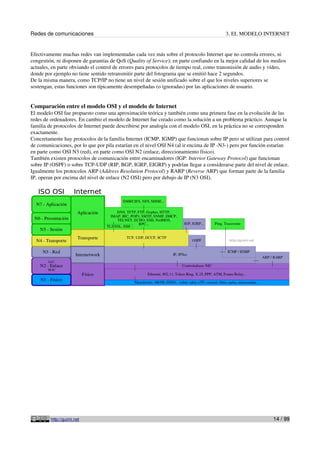 Redes de comunicaciones                                                                   3. EL MODELO INTERNET


Efectivamente muchas redes van implementadas cada vez más sobre el protocolo Internet que no controla errores, ni
congestión, ni disponen de garantías de QoS (Quality of Service); en parte confiando en la mejor calidad de los medios
actuales, en parte obviando el control de errores para protocolos de tiempo real, como transmisión de audio y vídeo,
donde por ejemplo no tiene sentido retransmitir parte del fotograma que se emitió hace 2 segundos.
De la misma manera, como TCP/IP no tiene un nivel de sesión unificado sobre el que los niveles superiores se
sostengan, estas funciones son típicamente desempeñadas (o ignoradas) por las aplicaciones de usuario.


Comparación entre el modelo OSI y el modelo de Internet
El modelo OSI fue propuesto como una aproximación teórica y también como una primera fase en la evolución de las
redes de ordenadores. En cambio el modelo de Internet fue creado como la solución a un problema práctico. Aunque la
familia de protocolos de Internet puede describirse por analogía con el modelo OSI, en la práctica no se corresponden
exactamente.
Concretamente hay protocolos de la familia Internet (ICMP, IGMP) que funcionan sobre IP pero se utilizan para control
de comunicaciones, por lo que por pila estarían en el nivel OSI N4 (al ir encima de IP -N3-) pero por función estarían
en parte como OSI N3 (red), en parte como OSI N2 (enlace, direccionamiento físico).
También existen protocolos de comunicación entre encaminadores (IGP: Interior Gateway Protocol) que funcionan
sobre IP (OSPF) o sobre TCP-UDP (RIP, BGP, IGRP, EIGRP) y podrían llegar a considerarse parte del nivel de enlace.
Igualmente los protocolos ARP (Address Resolution Protocol) y RARP (Reverse ARP) que forman parte de la familia
IP, operan por encima del nivel de enlace (N2 OSI) pero por debajo de IP (N3 OSI).




         http://guimi.net                                                                                       14 / 99
 