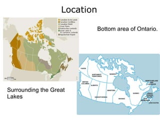 Location      Bottom area of Ontario.  Surrounding the Great Lakes 
