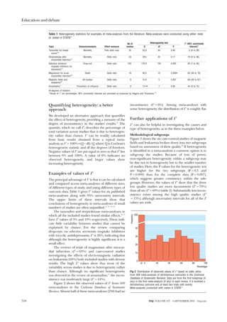 Quantifying heterogeneity: a better
approach
We developed an alternative approach that quantifies
the effect of heterogeneity, providing a measure of the
degree of inconsistency in the studies’ results.14
The
quantity, which we call I 2
, describes the percentage of
total variation across studies that is due to heterogen-
eity rather than chance. I 2
can be readily calculated
from basic results obtained from a typical meta-
analysis as I 2
= 100%×(Q − df)/Q, where Q is Cochran’s
heterogeneity statistic and df the degrees of freedom.
Negative values of I 2
are put equal to zero so that I 2
lies
between 0% and 100%. A value of 0% indicates no
observed heterogeneity, and larger values show
increasing heterogeneity.
Examples of values of I2
The principal advantage of I 2
is that it can be calculated
and compared across meta-analyses of different sizes,
of different types of study, and using different types of
outcome data. Table 1 gives I 2
values for six published
meta-analyses along with 95% uncertainty intervals.
The upper limits of these intervals show that
conclusions of homogeneity in meta-analyses of small
numbers of studies are often unjustified.11 13 15–19
The tamoxifen and streptokinase meta-analyses, in
which all the included studies found similar effects,16 17
have I 2
values of 3% and 19% respectively. These indi-
cate little variability between studies that cannot be
explained by chance. For the review comparing
drop-outs on selective serotonin reuptake inhibitors
with tricyclic antidepressants, I 2
is 26%, indicating that
although the heterogeneity is highly significant, it is a
small effect.
The reviews of trials of magnesium after myocar-
dial infarction (I 2
= 63%) and case-control studies
investigating the effects of electromagnetic radiation
on leukaemia (69%) both included studies with diverse
results. The high I 2
values show that most of the
variability across studies is due to heterogeneity rather
than chance. Although no significant heterogeneity
was detected in the review of amantadine,11
the incon-
sistency was moderately large (I 2
= 44%).
Figure 2 shows the observed values of I 2
from 509
meta-analyses in the Cochrane Database of Systematic
Reviews. Almost half of these meta-analyses (250) had no
inconsistency (I 2
= 0%). Among meta-analyses with
some heterogeneity, the distribution of I 2
is roughly flat.
Further applications of I2
I 2
can also be helpful in investigating the causes and
type of heterogeneity, as in the three examples below.
Methodological subgroups
Figure 3 shows the six case-control studies of magnetic
fields and leukaemia broken down into two subgroups
based on assessment of their quality.19
If heterogeneity
is identified in a meta-analysis a common option is to
subgroup the studies. Because of loss of power,
non-significant heterogeneity within a subgroup may
be due not to homogeneity but to the smaller number
of studies. Here, the P values for the heterogeneity test
are higher for the two subgroups (P = 0.3 and
P = 0.009) than for the complete data (P = 0.007),
which suggests greater consistency within the sub-
groups. However, the values of I 2
show that the three
low quality studies are more inconsistent (I 2
= 79%)
than all six (I 2
= 69%) (table 2). Substantially less incon-
sistency exists among the high quality studies (I 2
= 15%), although uncertainty intervals for all of the I2
values are wide.
Table 1 Heterogeneity statistics for examples of meta-analyses from the literature. Meta-analyses were conducted using either meta
or metan in STATA15
Topic Outcome/analysis Effect measure
No of
studies
Heterogeneity test I 2
(95% uncertainty
interval)*Q df P
Tamoxifen for breast
cancer16
Mortality Peto odds ratio 55 55.9 54 0.40 3 (0 to 28)
Streptokinase after
myocardial infarction17
Mortality Odds ratio 33 39.5 32 0.17 19 (0 to 48)
Selective serotonin
reuptake inhibitors for
depression13
Drop-out Odds ratio 135 179.9 134 0.005 26 (7 to 40)
Magnesium for acute
myocardial infarction18
Death Odds ratio 16 40.2 15 0.0004 63 (30 to 78)
Magnetic fields and
leukaemia19
All studies Odds ratio 6 15.9 5 0.007 69 (26 to 87)
Amantadine11
Prevention of influenza Odds ratio 8 12.44 7 0.09 44 (0 to 75)
df=degrees of freedom.
*Values of I 2
are percentages. 95% uncertainty intervals are calculated as proposed by Higgins and Thompson.14
Percentage
Frequency
<0 0 20 40 60 80 100
0
20
30
40
250
10
Fig 2 Distribution of observed values of I 2
based on odds ratios
from 509 meta-analyses of dichotomous outcomes in the Cochrane
Database of Systematic Reviews. Data are from the first subgroup (if
any) in the first meta-analysis (if any) in each review, if it involved a
dichotomous outcome and at least two trials with events.
Meta-analyses conducted with metan in STATA15
Education and debate
558 BMJ VOLUME 327 6 SEPTEMBER 2003 bmj.com
 
