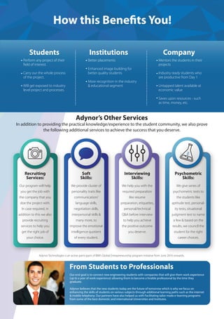 Students
Perform any project of their
field of interest.
Carry our the whole process
of the project.
Will get exposed to industry
level project and processes.
•
•
•
Better placements
Enhanced image building for
better quality students
More recognition in the industry
& educational segment
•
•
•
Institutions
Mentors the students in their
projects
Industry ready students who
are productive from Day 1
Untapped talent available at
economic value
Saves upon resources - such
as time, money, etc.
•
•
•
•
Company
Adynor’s Other Services
In addition to providing the practical knowledge/experience to the student community, we also prove
the following additional services to achieve the success that you deserve.
How this Benefits You!
Adynor Technologies is an active participant of IBM’s Global Entrepreneurship program initiative from June 2016 onwards.
Our end goal is to connect new engineering students with companies that will give them work experience
(up to a year of work experience) allowing them to become a hirable professional by the time they
graduate.
Adynor believes that the new students today are the future of tomorrow which is why we focus on
enhancing the skills of students on various subjects through additional learning paths such as the internet
& mobile telephony. Our partners have also helped us with Facilitating tailor made e-learning programs
from some of the best domestic and international Universities and Institutes.
Recruiting
Services:
Our program will help
you get the job with
the company that you
doe the project with.
In case required, in
addition to this we also
provide recruiting
services to help you
get the right job of
your choice.
Soft
Skills:
We provide cluster of
personality traits like
communication/
language skills,
negotiation skills,
interpersonal skills &
many more, to
improve the emotional
intelligence quotient
of every student.
Interviewing
Skills:
We help you with the
required preparation
like resume
preparation, etiquettes,
personal/technical
Q&A before interview
to help you achieve
the positive outcome
you deserve.
Psychometric
Skills:
We give series of
psychometric tests to
the students like
aptitude test, personal-
ity tests, situational
judgment test to name
a few & based on the
results, we council the
student for the right
career choices.
From Students to Professionals
 