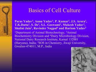 Paras Yadav1, Annu Yadav1, P. Kumar1, J.S. Arora1,
T.K.Datta1, S. De1, S.L. Goswami1, Mukesh Yadav2,
Shalini Jain3, Ravinder Nagpal4 and Hariom Yadav3
1Department of Animal Biotechnology, 3Animal
Biochemistry Division and 4Dairy Microbiology Division,
National Dairy Research Institute, Karnal 132001
(Haryana), India; 2SOS in Chemistry, Jiwaji University,
Gwalior-474011, M.P., India
Basics of Cell Culture
 