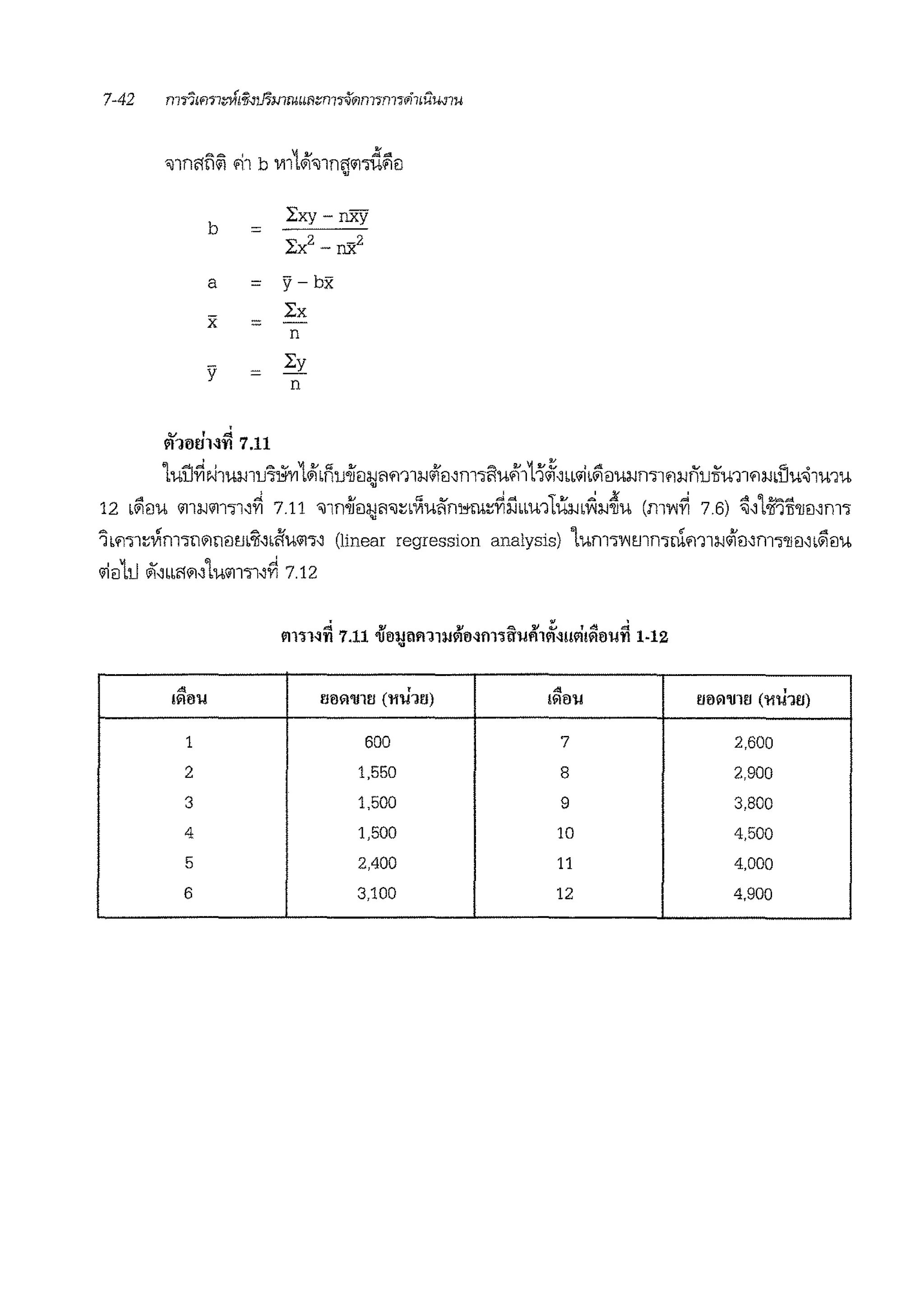 b
Ixy- nxy
=
Ix2
- nx2
a = y-bx
x
LX
= n
y =
Iy
n
t?l10d1.:iii 7.11
1ull~l'i1umuM1Ji•nu-ifil:1;Ji'lm1;;.iriiEJ~m-,i1ufl111'Ji~w1i•~EJu;;.irn1<i;;.inuifm1<i;;.i•llw~1wm
12 .~eiu m;;.i111-,1~~ 7.11 <:nn-ifil:l;Ji'l'l~•~uKni,;rn~~l'.ibbu11ii;;.ib~l-l~u (rn'i'I~ 7.6) ~~1m1l'llmm">
'lb'1'll~Vlnl"Jl11lilrn:ir~bft'U11"J~ (linear regression analysis) l'Unl"J'i'Imrnrnm1;;.iriiEJ~nl"J'llil~.~il'U
Iiiil11.J rii~bbl'Wl~lU111"'1~~ 7.12
"' !'Jll"1'1ll!'J (11'1i1a) "' all"1'1ll!'J <11'li1aJ!"11l'll !Vlll'll
1 600 7 2.600
2 1,550 8 2,900
3 1,500 9 3,800
4 1,500 10 4,500
5 2,400 11 4,000
6 3,100 12 4,900
 