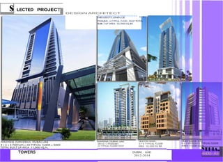 DESIGN ARCHITECT
s LECTED PROJEC
-E-M-IR-A-T-E-S-C-IT-Y-,-A-J-M-A-N-,-U-A-E------- G+ 4
PODIUM+ 30 TYPICAL FLOOR + ROOF TOTAL
BUILT UP AREA 55,000 SQ,M.
MARINA DUBAI,UAE
2B+G + 3 PODIUM+
23 TYPICAL FLOOR+ ROOF
SILICON OASIS,
G + 8 TYPICAL FLOOR
AREA 10,000 SQ.M.
DUBAI, UAE
2012-2014
 