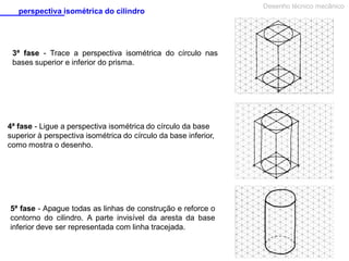 perspectiva isométrica do cilindro

3ª fase - Trace a perspectiva isométrica do círculo nas
bases superior e inferior do prisma.

4ª fase - Ligue a perspectiva isométrica do círculo da base
superior à perspectiva isométrica do círculo da base inferior,
como mostra o desenho.

5ª fase - Apague todas as linhas de construção e reforce o
contorno do cilindro. A parte invisível da aresta da base
inferior deve ser representada com linha tracejada.

Desenho técnico mecânico

 