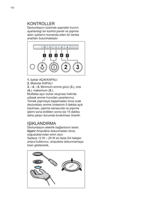 102
KONTROLLER
Davlumbazın üzerinde aspiratör hızının
ayarlandığı bir kontrol paneli ve pişirme
alanı ışıklarını kumanda eden bir lamba
anahtarı bulunmaktadır.
2 3
511 3 42
1. Işıklar AÇIK/KAPALI
2. Motorlar KAPALI
3. - 4. - 5. Minimum emme gücü (3.), orta
(4.), maksimum (5.).
Mutfakta aşırı buhar oluşması halinde
yüksek emme hızından yararlanınız.
Yemek pişirmeye başlamadan önce ocak
davlumbazı emme ünitesinin 5 dakika açık
tutulması, pişirme esnasında ve pişirme
işlemi sona erdikten sonra ise 15 dakika
daha çalışır durumda bırakılması önerilir.
IŞIKLANDIRMA
Davlumbazın elektrik bağlantısını kesin.
Uyarı! Ampullere dokunmadan önce,
soğuduklarından emin olun.
Sadece 12 W – 20 W en fazla G4 halojen
ampul kullanınız, ampullere dokunmamaya
özen göstererek.
 