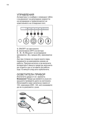 106
УПРАВЛЕНИЯ
Аспираторът е снабден с командно табло
с възможност за регулиране скоростта
на аспириране и превключвател на
осветлението на готварския плот.
2 3
511 3 42
1. ON/OFF на светлините
2. изключване (OFF) на мотора
3. - 4. - 5. Мощност на аспириране
минимална (3.), средна (4.), максимална
(5.).
Ако при готвене се отделя много пара,
преминете на максимален режим на
работа. Препоръчително е да включите
аспиратора 5 минути преди да започнете
да готвите и да го оставите да работи
още 15 минути след като приключите.
ОСВЕТИТЕЛН ПРИБОР
Изключете уреда от ел. мрежата.
Внимание! Преди да вземете в ръка ел.
крушките проверете дали са изстинали.
Използвайте само халогенни лампи от
12V, максимум 20W - G4, като внимавате
да не ги докосвате с ръка.
 