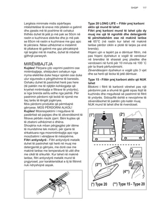 117SHQIP
Largësia minimale midis sipërfaqes
mbështetëse të eneve mbi pllakën e gatimit
dhe pjesës më të poshtme të oxhakut
thithës duhet të jetë jo më pak se 50cm në
rastin e kuzhinave elekrike dhe jo më pak
se 65cm në rastin e kuzhinave me gaz apo
të përziera. Nëse udhëzimet e instalimit
të pllakave të gatimit me gaz përcaktojnë
një largësi më të madhe, duhet të mbahet
gjithnjë parasysh.
MIRËMBAJTJA
Kujdes! Përpara çdo veprimi pastrimi ose
mirëmbajtjeje, shkëputeni oxhakun nga
rryma elektrike duke hequr spinën ose duke
ulur siguresës e përgjithshme të banesës.
Oxhaku duhet të pastrohet herë pas here
(të paktën me të njëjtën kohëzgjatje që
kryehet mirëmbajtja e ﬁltrave të yndyrës),
si nga brenda ashtu edhe nga jashtë. Për
pastrimin përdorni një leckë të njomë me
ilaç larës të lëngët jogërryes.
Mos përdorni produkte që përmbajnë
gërryese. MOS PËRDORNI ALKOL!
Kujdes! Mosrespektimi i rregullave të
pastërtisë së pajisjes dhe të zëvendësimit të
ﬁltrave përbën rrezik zjarri. Bëni kujdes që
të zbatoni udhëzimet e dhëna.
Shoqëria nuk mban përgjegjësi për dëme
të mundshme tek motorri, për zjarre të
shkaktuara nga mosmirëmbajtja apo nga
moszbatimi i vërejtjeve të mësipërme.
Filtri antiyndyrë - Filtri antiyndyrë metalik
duhet të pastrohet një herë në muaj me
detergjentë jo gërryes, me dorë ose me
makinë larëse me temperaturë të ulët dhe
me cikël të shkurtër. Kur lahet në makinë
larëse, ﬁltri antiyndyrë metalik mund të
çngjyroset, por karakteristikat e tij të ﬁltrimit
nuk ndryshojnë aspak.
Type 20 LONG LIFE – Filtër prej karboni
aktiv që mund të lahet
Filtri prej karboni mund të lahet çdo dy
muaj me ujë të ngrohtë dhe detergjentë
të përshtatshëm ose në makinë larëse
në 65°C (në rastin kur lahet në makinë
larëse përdor ciklin e plotë të larjes pa enë
brenda).
Hiqeni ujin e tepërt pa e dëmtuar ﬁltrin, më
pas hiqeni dyshekun e vogël të vendosur
në brendësi të shasisë prej plastike dhe
vendoseni në furrë për 10 minuta në 100 ˚C
për ta tharë përfundimisht.
Zëvendësojeni dyshekun e vogël çdo 3 vjet
dhe sa herë që lecka të jetë dëmtuar.
Type 15 - Filtër prej karboni aktiv që NUK
lahet
Bllokimi i ﬁltrit të karbonit vërehet pas një
përdorimi pak a shumë të gjatë sipas llojit të
kuzhinës dhe rregullsisë së pastrimit të ﬁltrit
të yndyrës. Sidoqoftë është e nevojshme të
zëvendësohet të paktën çdo katër muaj.
NUK mund të lahet dhe të rivendoset.
(1*) (2*)
(3**)
(4**)
(*) Type 20 (**) Type 15 - Type 20
 