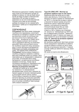 121СРПСКИ
Минимална удаљеност између површине
која служи за постављање посуде на
уређај за кување не сме да буде мања
од 50 цм када се ради о електричним
кувалима и 65 цм када се ради о
кувалима на гас или оним мешовитим.
Уколико упутстава за инсталацију
уређаја за кување на гас наводе већу
удаљеност треба да се придржавате тих
упутстава.
ОДРЖАВАЊЕ
Упозорење! Пре било какве операције
чишћења или одржавања, ископчајте
апсиратор са напајања струјом на начин
да ископчате утикач из утичнице или
да искључите општи прекидач куће
или стана. Аспиратор се треба често
прати (барем онолико често колико
често одржавате филтер за уклањање
масноће), било изнутра било споља.
За чишћење користите меку овлажену
крпу и течне неутралне детердженте.
Избегавајте употребу производа који
гребу. НЕ КОРИСТИТЕ АЛКОХОЛ !
Упозорење! Непоштовање правила о
чишћењу апарата и правила о замени
филтера повећава ризик од пожара. Зато
саветујемо да се придржавате наведених
упутстава. Отклањамо било какву
одговорност за евентуална оштећења
изазвана на мотору, пожар који је
последица неправилног одржавања или
непоштовања наведених упозорења.
Филтер за уклањање масноће
- Аспиартор треба да се чисти један
пут месечно и то неагресивним
детерджентима, ручно или у машини за
прање судова на ниским температурама
и укључујући кратак циклус прања.
После прања у машини за прање судова
метални филтер за уклањање масноће
може да изгуби боју (делује избледело)
али се његова способност филтрације
неће нимало изменити.
Type 20 LONG LIFE - Филтер од
активних карбона који се сме прати
Карбонски филтер може да се пере
свако два месеца у топлој води или у
машини за прање судова на температури
од 65°C ( у случају да се ради о прању
у машини за прање судова укључите
комплетан циклус прања без других
судова у унутрашњости машине).
Уклоните вишак воде без да тиме
оштетите филтер и након тога га
ставите у пећ у трајању од отприлике
10 минута на температури од 100°C да
би га дефинитивно осушили . Замените
мадрашчић свако 3 године или сваки пут
када приметите да је материјал оштећен.
Type 15 - Филтер од активних карбона
који се НЕ сме прати
До засићења карбонског филтера долази
после продуженог коришћења а зависти
од врсте кувала и колико се често прао
филтер за уклањање масноће. У сваком
случају треба да замените картушу свако
4 месеца.
НЕ може се прати или обнављати.
(1*) (2*)
(3**)
(4**)
(*) Type 20 (**) Type 15 - Type 20
 