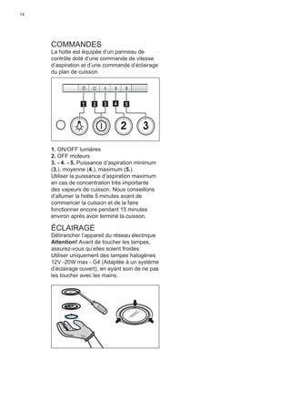 14
COMMANDES
La hotte est équipée d’un panneau de
contrôle doté d’une commande de vitesse
d’aspiration et d’une commande d’éclairage
du plan de cuisson.
2 3
511 3 42
1. ON/OFF lumières
2. OFF moteurs
3. - 4. - 5. Puissance d’aspiration minimum
(3.), moyenne (4.), maximum (5.).
Utiliser la puissance d’aspiration maximum
en cas de concentration très importante
des vapeurs de cuisson. Nous conseillons
d’allumer la hotte 5 minutes avant de
commencer la cuisson et de la faire
fonctionner encore pendant 15 minutes
environ après avoir terminé la cuisson.
ÉCLAIRAGE
Débrancher l’appareil du réseau électrique
Attention! Avant de toucher les lampes,
assurez-vous qu’elles soient froides.
Utiliser uniquement des lampes halogènes
12V -20W max - G4 (Adaptée à un système
d’éclairage ouvert), en ayant soin de ne pas
les toucher avec les mains.
 