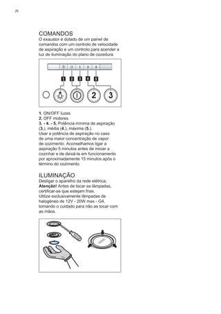 26
COMANDOS
O exaustor é dotado de um painel de
comandos com um controlo de velocidade
de aspiração e um controlo para acender a
luz de iluminação do plano de cozedura.
2 3
511 3 42
1. ON/OFF luzes
2. OFF motores
3. - 4. - 5. Potência mínima de aspiração
(3.), média (4.), máxima (5.).
Usar a potência de aspiração no caso
de uma maior concentração de vapor
de cozimento. Aconselhamos ligar a
aspiração 5 minutos antes de iniciar a
cozinhar e de deixá-la em funcionamento
por aproximadamente 15 minutos após o
término do cozimento.
ILUMINAÇÃO
Desligar o aparelho da rede elétrica;
Atenção! Antes de tocar as lâmpadas,
certiﬁcar-se que estejam frias.
Utilize exclusivamente lâmpadas de
halogéneo de 12V - 20W max - G4,
tomando o cuidado para não as tocar com
as mãos.
 