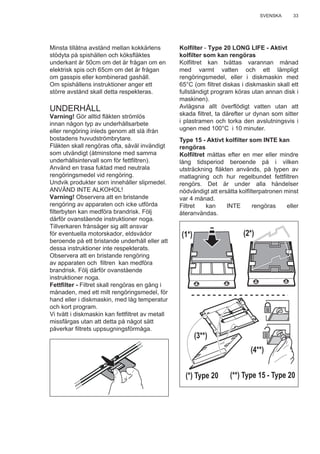 33SVENSKA
Minsta tillåtna avstånd mellan kokkärlens
stödyta på spishällen och köksﬂäktes
underkant är 50cm om det är frågan om en
elektrisk spis och 65cm om det är frågan
om gasspis eller kombinerad gashäll.
Om spishällens instruktioner anger ett
större avstånd skall detta respekteras.
UNDERHÅLL
Varning! Gör alltid ﬂäkten strömlös
innan någon typ av underhållsarbete
eller rengöring inleds genom att slå ifrån
bostadens huvudströmbrytare.
Fläkten skall rengöras ofta, såväl invändigt
som utvändigt (åtminstone med samma
underhållsintervall som för fettﬁltren).
Använd en trasa fuktad med neutrala
rengöringsmedel vid rengöring.
Undvik produkter som innehåller slipmedel.
ANVÄND INTE ALKOHOL!
Varning! Observera att en bristande
rengöring av apparaten och icke utförda
ﬁlterbyten kan medföra brandrisk. Följ
därför ovanstående instruktioner noga.
Tillverkaren frånsäger sig allt ansvar
för eventuella motorskador, eldsvådor
beroende på ett bristande underhåll eller att
dessa instruktioner inte respekterats.
Observera att en bristande rengöring
av apparaten och ﬁltren kan medföra
brandrisk. Följ därför ovanstående
instruktioner noga.
Fettﬁlter - Filtret skall rengöras en gång i
månaden, med ett milt rengöringsmedel, för
hand eller i diskmaskin, med låg temperatur
och kort program.
Vi tvätt i diskmaskin kan fettﬁltret av metall
missfärgas utan att detta på något sätt
påverkar ﬁltrets uppsugningsförmåga.
Kolﬁlter - Type 20 LONG LIFE - Aktivt
kolﬁlter som kan rengöras
Kolﬁltret kan tvättas varannan månad
med varmt vatten och ett lämpligt
rengöringsmedel, eller i diskmaskin med
65°C (om ﬁltret diskas i diskmaskin skall ett
fullständigt program köras utan annan disk i
maskinen).
Avlägsna allt överﬂödigt vatten utan att
skada ﬁltret, ta därefter ur dynan som sitter
i plastramen och torka den avslutningsvis i
ugnen med 100°C i 10 minuter.
Type 15 - Aktivt kolﬁlter som INTE kan
rengöras
Kolﬁltret mättas efter en mer eller mindre
lång tidsperiod beroende på i vilken
utsträckning ﬂäkten används, på typen av
matlagning och hur regelbundet fettﬁltren
rengörs. Det är under alla händelser
nödvändigt att ersätta kolﬁlterpatronen minst
var 4 månad.
Filtret kan INTE rengöras eller
återanvändas.
(1*) (2*)
(3**)
(4**)
(*) Type 20 (**) Type 15 - Type 20
 