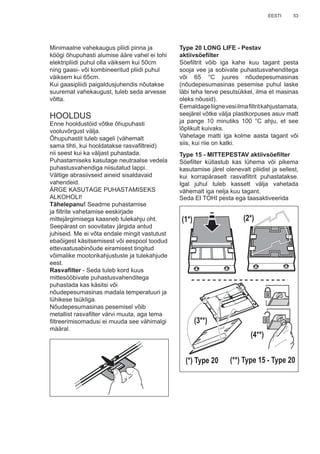 53EESTI
Type 20 LONG LIFE - Pestav
aktiivsöeﬁlter
Söeﬁltrit võib iga kahe kuu tagant pesta
sooja vee ja sobivate puhastusvahenditega
või 65 °C juures nõudepesumasinas
(nõudepesumasinas pesemise puhul laske
läbi teha terve pesutsükkel, ilma et masinas
oleks nõusid).
Eemaldageliignevesiilmaﬁltritkahjustamata,
seejärel võtke välja plastkorpuses asuv matt
ja pange 10 minutiks 100 °C ahju, et see
lõplikult kuivaks.
Vahetage matti iga kolme aasta tagant või
siis, kui riie on katki.
Type 15 - MITTEPESTAV aktiivsöeﬁlter
Söeﬁlter küllastub kas lühema või pikema
kasutamise järel olenevalt pliidist ja sellest,
kui korrapäraselt rasvaﬁltrit puhastatakse.
Igal juhul tuleb kassett välja vahetada
vähemalt iga nelja kuu tagant.
Seda EI TOHI pesta ega taasaktiveerida
(1*) (2*)
(3**)
(4**)
(*) Type 20 (**) Type 15 - Type 20
Minimaalne vahekaugus pliidi pinna ja
köögi õhupuhasti alumise ääre vahel ei tohi
elektripliidi puhul olla väiksem kui 50cm
ning gaasi- või kombineeritud pliidi puhul
väiksem kui 65cm.
Kui gaasipliidi paigaldusjuhendis nõutakse
suuremat vahekaugust, tuleb seda arvesse
võtta.
HOOLDUS
Enne hooldustöid võtke õhupuhasti
vooluvõrgust välja.
Õhupuhastit tuleb sageli (vähemalt
sama tihti, kui hooldatakse rasvaﬁltreid)
nii seest kui ka väljast puhastada.
Puhastamiseks kasutage neutraalse vedela
puhastusvahendiga niisutatud lappi.
Vältige abrasiivseid aineid sisaldavaid
vahendeid.
ÄRGE KASUTAGE PUHASTAMISEKS
ALKOHOLI!
Tähelepanu! Seadme puhastamise
ja ﬁltrite vahetamise eeskirjade
mittejärgimisega kaasneb tulekahju oht.
Seepärast on soovitatav järgida antud
juhiseid. Me ei võta endale mingit vastutust
ebaõigest käsitsemisest või eespool toodud
ettevaatusabinõude eiramisest tingitud
võimalike mootorikahjustuste ja tulekahjude
eest.
Rasvaﬁlter - Seda tuleb kord kuus
mittesööbivate puhastusvahenditega
puhastada kas käsitsi või
nõudepesumasinas madala temperatuuri ja
lühikese tsükliga.
Nõudepesumasinas pesemisel võib
metallist rasvaﬁlter värvi muuta, aga tema
ﬁltreerimisomadusi ei muuda see vähimalgi
määral.
 