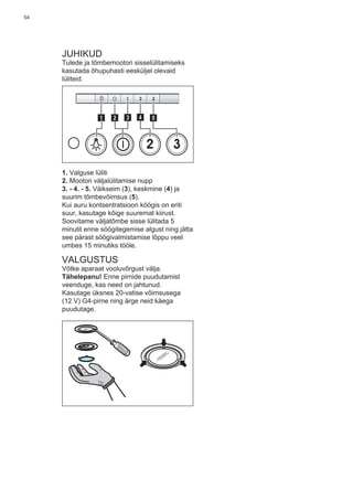54
JUHIKUD
Tulede ja tõmbemootori sisselülitamiseks
kasutada õhupuhasti eesküljel olevaid
lüliteid.
2 3
511 3 42
1. Valguse lüliti
2. Mootori väljalülitamise nupp
3. - 4. - 5. Väikseim (3), keskmine (4) ja
suurim tõmbevõimsus (5).
Kui auru kontsentratsioon köögis on eriti
suur, kasutage kõige suuremat kiirust.
Soovitame väljatõmbe sisse lülitada 5
minutit enne söögitegemise algust ning jätta
see pärast söögivalmistamise lõppu veel
umbes 15 minutiks tööle.
VALGUSTUS
Võtke aparaat vooluvõrgust välja.
Tähelepanu! Enne pirnide puudutamist
veenduge, kas need on jahtunud.
Kasutage üksnes 20-vatise võimsusega
(12 V) G4-pirne ning ärge neid käega
puudutage.
 