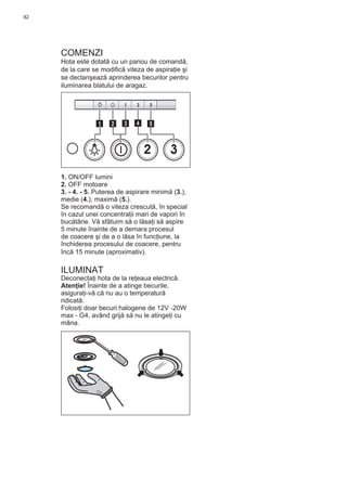 82
COMENZI
Hota este dotată cu un panou de comandă,
de la care se modiﬁcă viteza de aspiraţie şi
se declanşează aprinderea becurilor pentru
iluminarea blatului de aragaz.
2 3
511 3 42
1. ON/OFF lumini
2. OFF motoare
3. - 4. - 5. Puterea de aspirare minimă (3.),
medie (4.), maximă (5.).
Se recomandă o viteza crescută, în special
în cazul unei concentraţii mari de vapori în
bucătărie. Vă sfătuim să o lăsaţi să aspire
5 minute înainte de a demara procesul
de coacere şi de a o lăsa în funcţiune, la
închiderea procesului de coacere, pentru
încă 15 minute (aproximativ).
ILUMINAT
Deconectaţi hota de la reţeaua electrică.
Atenţie! Înainte de a atinge becurile,
asiguraţi-vă că nu au o temperatură
ridicată.
Folosiţi doar becuri halogene de 12V -20W
max - G4, având grijă să nu le atingeţi cu
mâna.
 