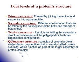 42
Four levels of a protein's structure:
 Primary structure: Formed by joining the amino acid
sequence into a polypeptide.
 Secondary structure: Different conformation that can
be taken by the polypeptide: alpha helix and strands of
beta sheet.
 Tertiary structure : Result from folding the secondary
structure components of the polypeptide into three-
dimensional configuration.
 Quaternary structure : complex of several protein
molecules or polypeptide chains, usually called protein
subunits, which function as part of the larger assembly or
protein complex.
 