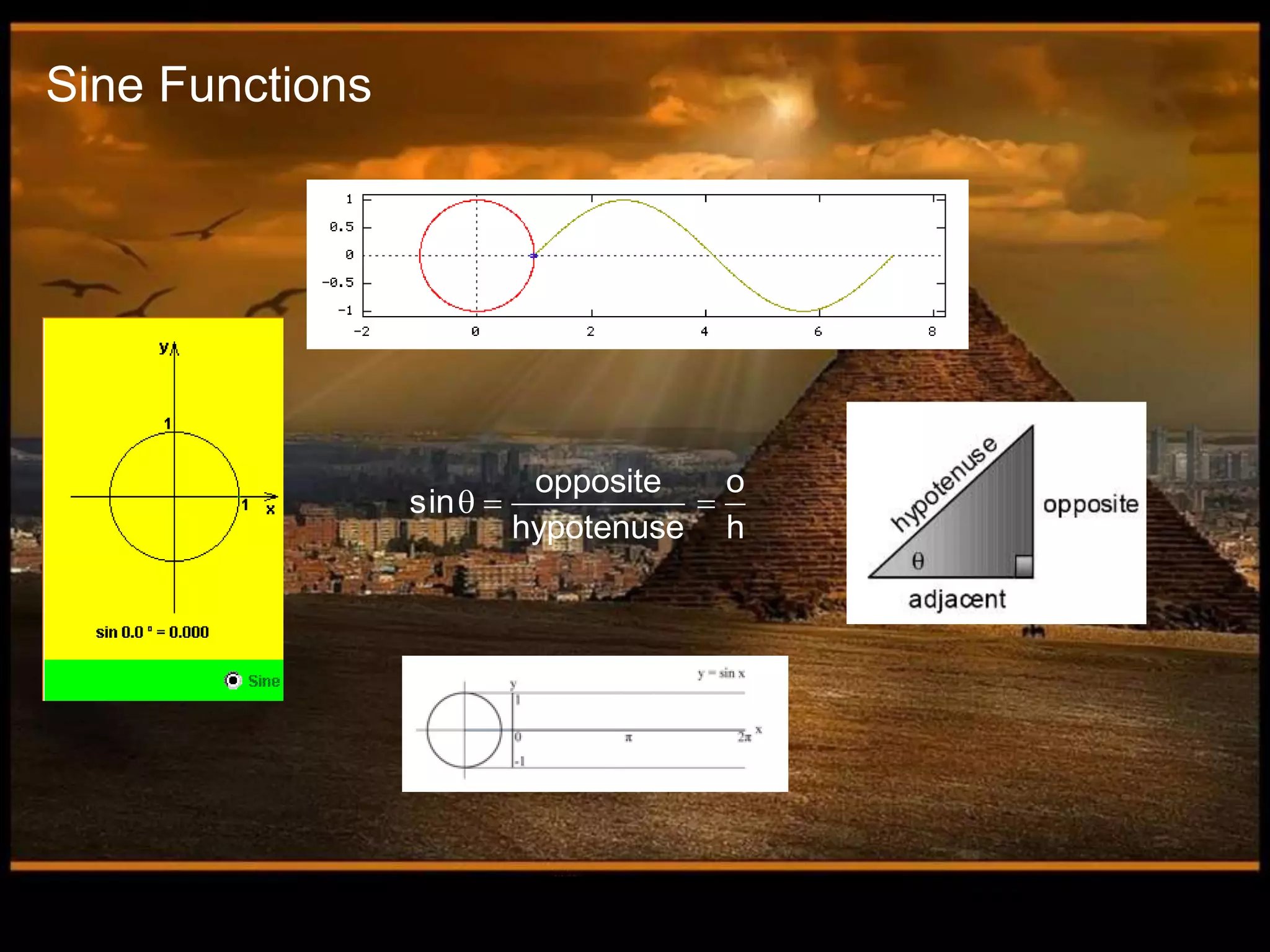   
opposite o
sin
hypotenuse h
Sine Functions
 