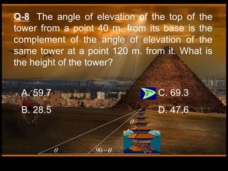 A. 59.7 C. 69.3
B. 28.5 D. 47.6
Q-8 The angle of elevation of the top of the
tower from a point 40 m. from its base is the
complement of the angle of elevation of the
same tower at a point 120 m. from it. What is
the height of the tower?
 90 


 