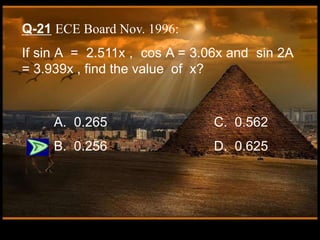 Q-21 ECE Board Nov. 1996:
If sin A = 2.511x , cos A = 3.06x and sin 2A
= 3.939x , find the value of x?
A. 0.265 C. 0.562
B. 0.256 D. 0.625
 