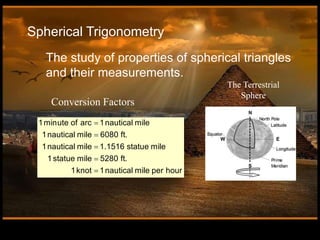 Spherical Trigonometry
The study of properties of spherical triangles
and their measurements.
The Terrestrial
Sphere
1minute of arc 1nautical mile
1nautical mile 6080 ft.
1nautical mile 1.1516 statue mile
1statue mile 5280 ft.
1knot 1nautical mile per hour





Conversion Factors
 