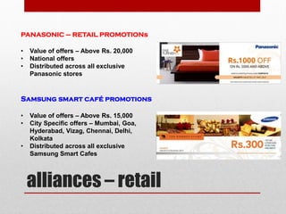 alliances – retail
PANASONIC – RETAIL PROMOTIONs
• Value of offers – Above Rs. 20,000
• National offers
• Distributed across all exclusive
Panasonic stores
Samsung smart café promotions
• Value of offers – Above Rs. 15,000
• City Specific offers – Mumbai, Goa,
Hyderabad, Vizag, Chennai, Delhi,
Kolkata
• Distributed across all exclusive
Samsung Smart Cafes
 