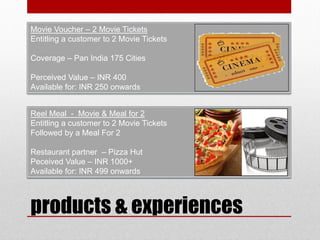 Reel Meal - Movie & Meal for 2
Entitling a customer to 2 Movie Tickets
Followed by a Meal For 2
Restaurant partner – Pizza Hut
Peceived Value – INR 1000+
Available for: INR 499 onwards
products & experiences
Movie Voucher – 2 Movie Tickets
Entitling a customer to 2 Movie Tickets
Coverage – Pan India 175 Cities
Perceived Value – INR 400
Available for: INR 250 onwards
 