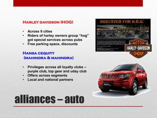 alliances – auto
Harley davidson (HOG)
• Across 9 cities
• Riders of harley owners group “hog”
got special services across pubs
• Free parking space, discounts
Hansa cequity
(mahindra & mahindra)
• Privileges across all loyalty clubs –
purple club, top gear and uday club
• Offers across segments
• Local and national partners
 