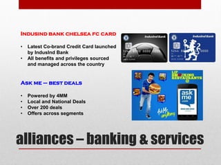 alliances – banking & services
Indusind bank chelsea fc card
• Latest Co-brand Credit Card launched
by IndusInd Bank
• All benefits and privileges sourced
and managed across the country
Ask me – best deals
• Powered by 4MM
• Local and National Deals
• Over 200 deals
• Offers across segments
 