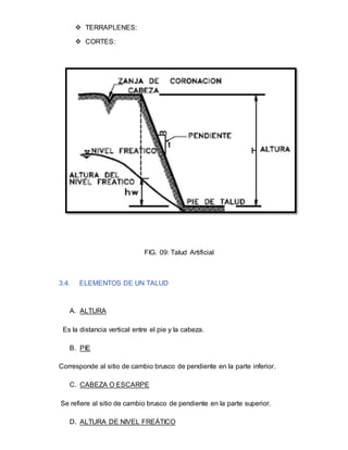  TERRAPLENES:
 CORTES:
FIG. 09: Talud Artificial
3.4. ELEMENTOS DE UN TALUD
A. ALTURA
Es la distancia vertical entre el pie y la cabeza.
B. PIE
Corresponde al sitio de cambio brusco de pendiente en la parte inferior.
C. CABEZA O ESCARPE
Se refiere al sitio de cambio brusco de pendiente en la parte superior.
D. ALTURA DE NIVEL FREÁTICO
 