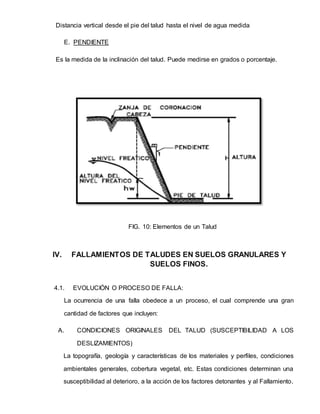 Distancia vertical desde el pie del talud hasta el nivel de agua medida
E. PENDIENTE
Es la medida de la inclinación del talud. Puede medirse en grados o porcentaje.
FIG. 10: Elementos de un Talud
IV. FALLAMIENTOS DE TALUDES EN SUELOS GRANULARES Y
SUELOS FINOS.
4.1. EVOLUCIÓN O PROCESO DE FALLA:
La ocurrencia de una falla obedece a un proceso, el cual comprende una gran
cantidad de factores que incluyen:
A. CONDICIONES ORIGINALES DEL TALUD (SUSCEPTIBILIDAD A LOS
DESLIZAMIENTOS)
La topografía, geología y características de los materiales y perfiles, condiciones
ambientales generales, cobertura vegetal, etc. Estas condiciones determinan una
susceptibilidad al deterioro, a la acción de los factores detonantes y al Fallamiento.
 