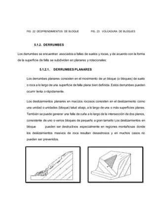 FIG. 22: DESPRENDIMIENTOS DE BLOQUE FIG. 23: VOLCADURA DE BLOQUES
5.1.2. DERRUMBES
Los derrumbes se encuentran asociados a fallas de suelos y rocas, y de acuerdo con la forma
de la superficie de falla se subdividen en planares y rotacionales:
5.1.2.1. DERRUMBES PLANARES
Los derrumbes planares consisten en el movimiento de un bloque (o bloques) de suelo
o roca a lo largo de una superficie de falla plana bien definida. Estos derrumbes pueden
ocurrir lenta o rápidamente.
Los deslizamientos planares en macizos rocosos consisten en el deslizamiento como
una unidad o unidades (bloque) talud abajo, a lo largo de una o más superficies planas.
También se puede generar una falla de cuña a lo largo de la intersección de dos planos,
consistente de uno o varios bloques de pequeño a gran tamaño Los deslizamientos en
bloque pueden ser destructivos especialmente en regiones montañosas donde
los deslizamientos masivos de roca resultan desastrosos y en muchos casos no
pueden ser prevenidos.
 