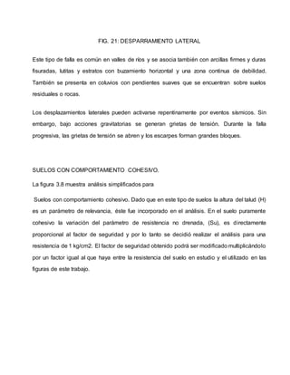 FIG. 21: DESPARRAMIENTO LATERAL
Este tipo de falla es común en valles de ríos y se asocia también con arcillas firmes y duras
fisuradas, lutitas y estratos con buzamiento horizontal y una zona continua de debilidad.
También se presenta en coluvios con pendientes suaves que se encuentran sobre suelos
residuales o rocas.
Los desplazamientos laterales pueden activarse repentinamente por eventos sísmicos. Sin
embargo, bajo acciones gravitatorias se generan grietas de tensión. Durante la falla
progresiva, las grietas de tensión se abren y los escarpes forman grandes bloques.
SUELOS CON COMPORTAMIENTO COHESIVO.
La figura 3.8 muestra análisis simplificados para
Suelos con comportamiento cohesivo. Dado que en este tipo de suelos la altura del talud (H)
es un parámetro de relevancia, éste fue incorporado en el análisis. En el suelo puramente
cohesivo la variación del parámetro de resistencia no drenada, (Su), es directamente
proporcional al factor de seguridad y por lo tanto se decidió realizar el análisis para una
resistencia de 1 kg/cm2. El factor de seguridad obtenido podrá ser modificado multiplicándolo
por un factor igual al que haya entre la resistencia del suelo en estudio y el utilizado en las
figuras de este trabajo.
 