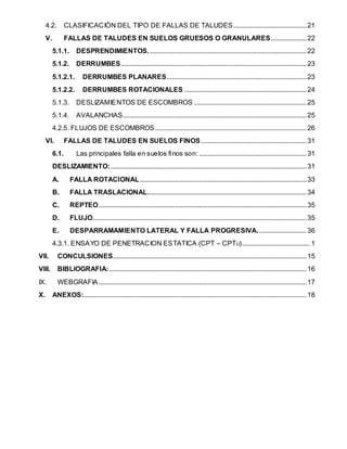 4.2. CLASIFICACIÓN DEL TIPO DE FALLAS DE TALUDES...........................................21
V. FALLAS DE TALUDES EN SUELOS GRUESOS O GRANULARES.....................22
5.1.1. DESPRENDIMIENTOS.............................................................................................22
5.1.2. DERRUMBES.............................................................................................................23
5.1.2.1. DERRUMBES PLANARES..................................................................................23
5.1.2.2. DERRUMBES ROTACIONALES ........................................................................24
5.1.3. DESLIZAMIENTOS DE ESCOMBROS ..................................................................25
5.1.4. AVALANCHAS............................................................................................................25
4.2.5. FLUJOS DE ESCOMBROS.........................................................................................26
VI. FALLAS DE TALUDES EN SUELOS FINOS..............................................................31
6.1. Las principales falla en suelos finos son: ...............................................................31
DESLIZAMIENTO:...................................................................................................................31
A. FALLA ROTACIONAL..................................................................................................33
B. FALLA TRASLACIONAL.............................................................................................34
C. REPTEO..........................................................................................................................35
D. FLUJO..............................................................................................................................35
E. DESPARRAMAMIENTO LATERAL Y FALLA PROGRESIVA.............................36
4.3.1. ENSAYO DE PENETRACION ESTATICA (CPT – CPTU)........................................ 1
VII. CONCULSIONES..................................................................................................................15
VIII. BIBLIOGRAFIA:....................................................................................................................16
IX. WEBGRAFIA ..........................................................................................................................17
X. ANEXOS:...................................................................................................................................18
 