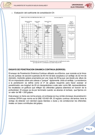 UNIVERSIDAD
ALAS PERUANAS
FALLAMIENTOS DE TALUDES EN SUELOS GRANULARES Y
SUELOS FINOS
o Evaluación del coeficiente de consolidación Ch
ENSAYO DE PENETRACION DINAMICA CONTINUA (BORROS)
El ensayo de Penetración Dinámica Continua utilizado es el Borros, que consiste en la hinca
de una puntaza de sección cuadrada de 40 mm de lado acoplada a un varillaje de 32 mm de
diámetro, mediante golpes propinados por una maza de 65 kg que cae desde una altura de
50 cm impactando sobre una cabeza o “yunque” rígidamente unido al varillaje. La resistencia
a la penetración se define como el nº de golpes requerido para hacer avanzar el
penetrómetro una longitud de 20 cm designándose a este valor como NB, representándose
los resultados en gráficos que reflejan los diferentes golpeos obtenidos en función de la
profundidad. El ensayo se da por terminado cuando se alcanza el rechazo, que fijamos en
un valor de NB = 200 golpes.
Este ensayo no tiene una norma propia, sin embargo es muy similar al ensayo de penetración
continua DPSH cuya norma es la UNE-103-801-94. El registro continuo del terreno tiene la
ventaja de detectar con claridad capas blandas o duras y de correlacionar los diferentes
niveles en base a similitudes del golpeo.
 