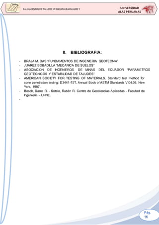 UNIVERSIDAD
ALAS PERUANAS
FALLAMIENTOS DE TALUDES EN SUELOS GRANULARES Y
SUELOS FINOS
8. BIBLIOGRAFIA:
- BRAJA M. DAS “FUNDAMENTOS DE INGENIERIA GEOTECNIA”
- JUAREZ BOBADILLA “MECANICA DE SUELOS”
- ASOCIACION DE INGENIEROS DE MINAS DEL ECUADOR “PARAMETROS
GEOTECNICOS Y ESTABILIDAD DE TALUDES”
- AMERICAN SOCIETY FOR TESTING OF MATERIALS. Standard test method for
cone penetration testing: D3441-75T. Annual Book of ASTM Standards V.04.08. New
York, 1987.
- Bosch, Dante R. - Sotelo, Rubén R. Centro de Geociencias Aplicadas - Facultad de
Ingeniería - UNNE.
-
 