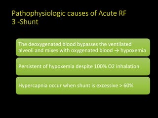 Pathophysiologic causes of Acute RF
3 -Shunt
The deoxygenated blood bypasses the ventilated
alveoli and mixes with oxygenated blood → hypoxemia
Persistent of hypoxemia despite 100% O2 inhalation
Hypercapnia occur when shunt is excessive > 60%
 