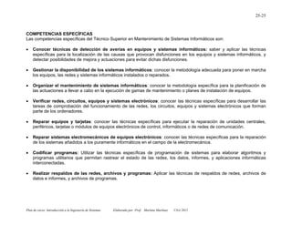 Plan de curso: Introducción a la Ingeniería de Sistemas Elaborado por: Prof. Marlene Martínez UNA 2012
25-25
COMPETENCIAS ESPECÍFICAS
Las competencias específicas del Técnico Superior en Mantenimiento de Sistemas Informáticos son:
• Conocer técnicas de detección de averías en equipos y sistemas informáticos: saber y aplicar las técnicas
específicas para la localización de las causas que provocan disfunciones en los equipos y sistemas informáticos, y
detectar posibilidades de mejora y actuaciones para evitar dichas disfunciones.
• Gestionar la disponibilidad de los sistemas informáticos: conocer la metodología adecuada para poner en marcha
los equipos, las redes y sistemas informáticos instalados o reparados.
• Organizar el mantenimiento de sistemas informáticos: conocer la metodología específica para la planificación de
las actuaciones a llevar a cabo en la ejecución de gamas de mantenimiento o planes de instalación de equipos.
• Verificar redes, circuitos, equipos y sistemas electrónicos: conocer las técnicas específicas para desarrollar las
tareas de comprobación del funcionamiento de las redes, los circuitos, equipos y sistemas electrónicos que forman
parte de los ordenadores.
• Reparar equipos y tarjetas: conocer las técnicas específicas para ejecutar la reparación de unidades centrales,
periféricos, tarjetas o módulos de equipos electrónicos de control, informáticos o de redes de comunicación.
• Reparar sistemas electromecánicos de equipos electrónicos: conocer las técnicas específicas para la reparación
de los sistemas añadidos a los puramente informáticos en el campo de la electromecánica.
• Codificar programas: Utilizar las técnicas específicas de programación de sistemas para elaborar algoritmos y
programas utilitarios que permitan rastrear el estado de las redes, los datos, informes, y aplicaciones informáticas
interconectadas.
• Realizar respaldos de las redes, archivos y programas: Aplicar las técnicas de respaldos de redes, archivos de
datos e informes, y archivos de programas.
 