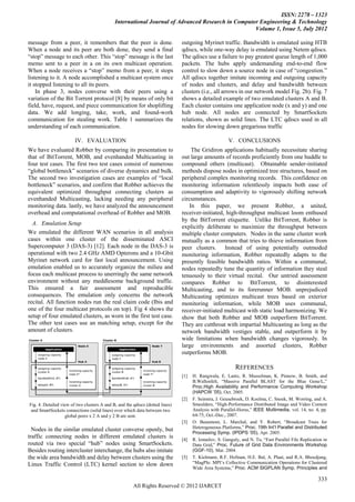 ISSN: 2278 – 1323
                                             International Journal of Advanced Research in Computer Engineering & Technology
                                                                                                  Volume 1, Issue 5, July 2012

message from a peer, it remembers that the peer is done.                       outgoing Myrinet traffic. Bandwidth is emulated using HTB
When a node and its peer are both done, they send a final                      qdiscs, while one-way delay is emulated using Netem qdiscs.
“stop” message to each other. This “stop” message is the last                  The qdiscs use a failure to pay greatest queue length of 1,000
memo sent to a peer in a on its own multicast operation.                       packets. The hubs apply undemanding end-to-end flow
When a node receives a “stop” memo from a peer, it stops                       control to slow down a source node in case of “congestion.”
listening to it. A node accomplished a multicast system once                   All qdiscs together imitate incoming and outgoing capacity
it stopped listening to all its peers.                                         of nodes and clusters, and delay and bandwidth between
    In phase 3, nodes converse with their peers using a                        clusters (i.e., all arrows in our network model Fig. 2b). Fig. 7
variation of the Bit Torrent protocol [8] by means of only bit                 shows a detailed example of two emulated clusters A and B.
field, have, request, and piece communication for shoplifting                  Each cluster contains one application node (x and y) and one
data. We add longing, take, work, and found-work                               hub node. All nodes are connected by SmartSockets
communication for stealing work. Table 1 summarizes the                        relations, shown as solid lines. The LTC qdiscs used in all
understanding of each communication.                                           nodes for slowing down gregarious traffic

                        IV. EVALUATION                                                                 V. CONCLUSIONS
We have evaluated Robber by comparing its presentation to                          The Gridiron applications habitually necessitate sharing
that of BitTorrent, MOB, and evenhanded Multicasting in                        out large amounts of records proficiently from one huddle to
four test cases. The first two test cases consist of numerous                  compound others (multicast). Obtainable sender-initiated
“global bottleneck” scenarios of diverse dynamics and bulk.                    methods dispose nodes in optimized tree structures, based on
The second two investigation cases are examples of “local                      peripheral complex monitoring records. This confidence on
bottleneck” scenarios, and confirm that Robber achieves the                    monitoring information relentlessly impacts both ease of
equivalent optimized throughput connecting clusters as                         consumption and adaptivity to vigorously shifting network
evenhanded Multicasting, lacking needing any peripheral                        circumstances.
monitoring data. lastly, we have analyzed the announcement                        In this paper, we present Robber, a united,
overhead and computational overhead of Robber and MOB.                         receiver-initiated, high-throughput multicast loom enthused
                                                                               by the BitTorrent etiquette. Unlike BitTorrent, Robber is
  A. Emulation Setup
                                                                               explicitly deliberate to maximize the throughput between
We emulated the different WAN scenarios in all analysis                        multiple cluster computers. Nodes in the same cluster work
cases within one cluster of the disseminated ASCI                              mutually as a common that tries to thieve information from
Supercomputer 3 (DAS-3) [12]. Each node in the DAS-3 is                        peer clusters. Instead of using potentially outmoded
operational with two 2.4 GHz AMD Opterons and a 10-Gbit                        monitoring information, Robber repeatedly adapts to the
Myrinet network card for fast local announcement. Using                        presently feasible bandwidth ratios. Within a communal,
emulation enabled us to accurately organize the milieu and                     nodes repeatedly tune the quantity of information they steal
focus each multicast process to unerringly the same network                    tenuously to their virtual recital. Our untried assessment
environment without any meddlesome background traffic.                         compares Robber to BitTorrent, to disinterested
This ensured a fair assessment and reproducible                                Multicasting, and to its forerunner MOB. unprejudiced
consequences. The emulation only concerns the network                          Multicasting optimizes multicast trees based on exterior
recital. All function nodes run the real claim code (Ibis and                  monitoring information, while MOB uses communal,
one of the four multicast protocols on top). Fig 4 shows the                   receiver-initiated multicast with static load harmonizing. We
setup of four emulated clusters, as worn in the first test case.               show that both Robber and MOB outperform BitTorrent.
The other test cases use an matching setup, except for the                     They are cutthroat with impartial Multicasting as long as the
amount of clusters.                                                            network bandwidth vestiges stable, and outperform it by
                                                                               wide limitations when bandwidth changes vigorously. In
                                                                               large environments and assorted clusters, Robber
                                                                               outperforms MOB.

                                                                                                           REFERENCES
                                                                               [1]   H. Rangwala, E. Lantz, R. Musselman, K. Pinnow, B. Smith, and
                                                                                     B.Wallenfelt, “Massive Parallel BLAST for the Blue Gene/L,”
                                                                                     Proc.High Availability and Performance Computing Workshop
                                                                                     (HAPCW ’05), Oct. 2005.
                                                                               [2]   F. Seinstra, J. Geusebroek, D. Koelma, C. Snoek, M. Worring, and A.
Fig. 4. Detailed view of two clusters A and B, and the qdiscs (dotted lines)         Smeulders, “High-Performance Distributed Image and Video Content
 and SmartSockets connections (solid lines) over which data between two              Analysis with Parallel-Horus,” IEEE Multimedia, vol. 14, no. 4, pp.
                   global peers x 2 A and y 2 B are sent.                            64-75, Oct.-Dec., 2007.
                                                                               [3]   O. Beaumont, L. Marchal, and Y. Robert, “Broadcast Trees for
                                                                                     Heterogeneous Platforms,” Proc. 19th Int’l Parallel and Distributed
  Nodes in the similar emulated cluster converse openly, but                         Processing Symp. (IPDPS ’05), Apr. 2005.
traffic connecting nodes in different emulated clusters is                     [4]   R. Izmailov, S. Ganguly, and N. Tu, “Fast Parallel File Replication in
routed via two special “hub” nodes using SmartSockets.                               Data Grid,” Proc. Future of Grid Data Environments Workshop
Besides routing intercluster interchange, the hubs also imitate                      (GGF-10), Mar. 2004.
the wide area bandwidth and delay between clusters using the                   [5]   T. Kielmann, R.F. Hofman, H.E. Bal, A. Plaat, and R.A. Bhoedjang,
Linux Traffic Control (LTC) kernel section to slow down                              “MagPIe: MPI’s Collective Communication Operations for Clustered
                                                                                     Wide Area Systems,” Proc. ACM SIGPLAN Symp. Principles and

                                                                                                                                                      333
                                                       All Rights Reserved © 2012 IJARCET
 