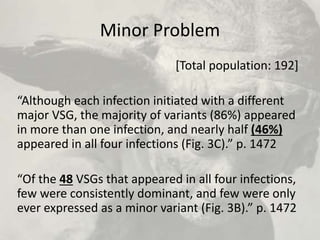 Minor Problem
[Total population: 192]
“Although each infection initiated with a different
major VSG, the majority of variants (86%) appeared
in more than one infection, and nearly half (46%)
appeared in all four infections (Fig. 3C).” p. 1472
“Of the 48 VSGs that appeared in all four infections,
few were consistently dominant, and few were only
ever expressed as a minor variant (Fig. 3B).” p. 1472
 