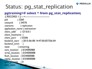 pgtraining=# select * from pg_stat_replication;
-[ RECORD 1 ]----+------------------------------
pid | 3260
usesysid | 24576
usename | replication
application_name | walreceiver
client_addr | 127.0.0.1
client_hostname |
client_port | 53206
backend_start | 2015-06-08 14:47:50.057326-04
backend_xmin |
state | streaming
sent_location | 0/240000B8
write_location | 0/240000B8
flush_location | 0/240000B8
replay_location | 0/240000B8
sync_priority | 0
sync_state | async
43
 