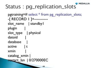 pgtraining=# select * from pg_replication_slots;
-[ RECORD 1 ]+-----------
slot_name | standby1
plugin |
slot_type | physical
datoid |
database |
active | t
xmin |
catalog_xmin |
restart_lsn | 0/270000EC
44
 