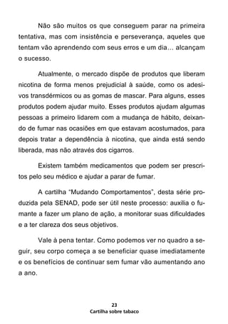 Não são muitos os que conseguem parar na primeira
tentativa, mas com insistência e perseverança, aqueles que
tentam vão aprendendo com seus erros e um dia… alcançam
o sucesso.

         Atualmente, o mercado dispõe de produtos que liberam
nicotina de forma menos prejudicial à saúde, como os adesi-
vos transdérmicos ou as gomas de mascar. Para alguns, esses
produtos podem ajudar muito. Esses produtos ajudam algumas
pessoas a primeiro lidarem com a mudança de hábito, deixan-
do de fumar nas ocasiões em que estavam acostumados, para
depois tratar a dependência à nicotina, que ainda está sendo
liberada, mas não através dos cigarros.

         Existem também medicamentos que podem ser prescri-
tos pelo seu médico e ajudar a parar de fumar.

         A cartilha “Mudando Comportamentos”, desta série pro-
duzida pela SENAD, pode ser útil neste processo: auxilia o fu-
mante a fazer um plano de ação, a monitorar suas dificuldades
e a ter clareza dos seus objetivos.

         Vale à pena tentar. Como podemos ver no quadro a se-
guir, seu corpo começa a se beneficiar quase imediatamente
e os benefícios de continuar sem fumar vão aumentando ano
a ano.



                                   23
                         Cartilha sobre tabaco
 