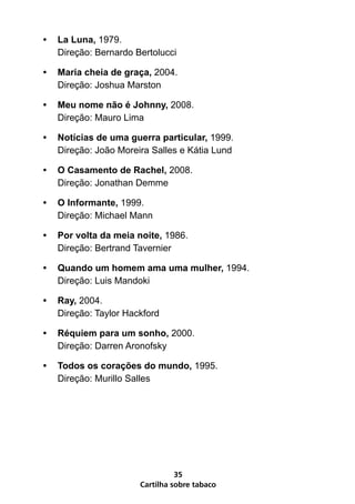 •   La Luna, 1979.
    Direção: Bernardo Bertolucci

•   Maria cheia de graça, 2004.
    Direção: Joshua Marston

•   Meu nome não é Johnny, 2008.
    Direção: Mauro Lima

•   Notícias de uma guerra particular, 1999.
    Direção: João Moreira Salles e Kátia Lund

•   O Casamento de Rachel, 2008.
    Direção: Jonathan Demme

•   O Informante, 1999.
    Direção: Michael Mann

•   Por volta da meia noite, 1986.
    Direção: Bertrand Tavernier

•   Quando um homem ama uma mulher, 1994.
    Direção: Luis Mandoki

•   Ray, 2004.
    Direção: Taylor Hackford

•   Réquiem para um sonho, 2000.
    Direção: Darren Aronofsky

•   Todos os corações do mundo, 1995.
    Direção: Murillo Salles




                                 35
                       Cartilha sobre tabaco
 